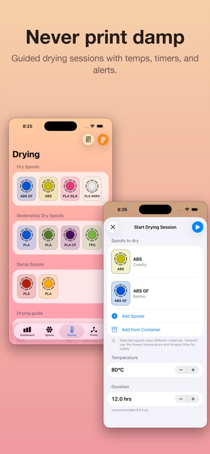 Filameter drying sessions with temperatures and timers