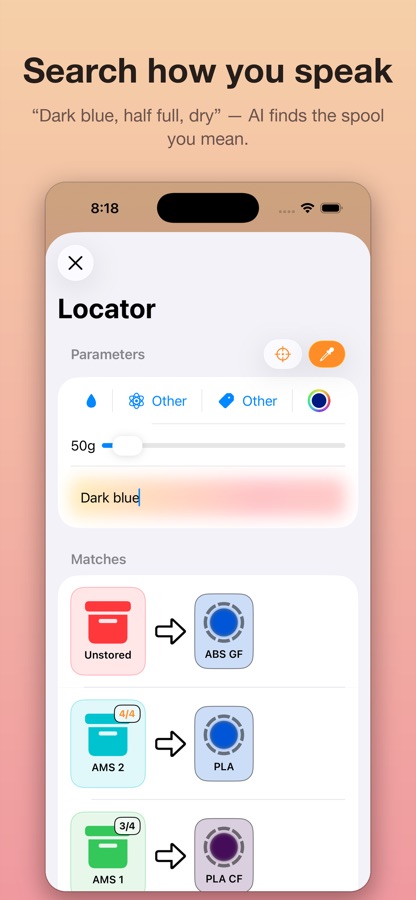 Filameter AI search finding a spool from a plain-English query